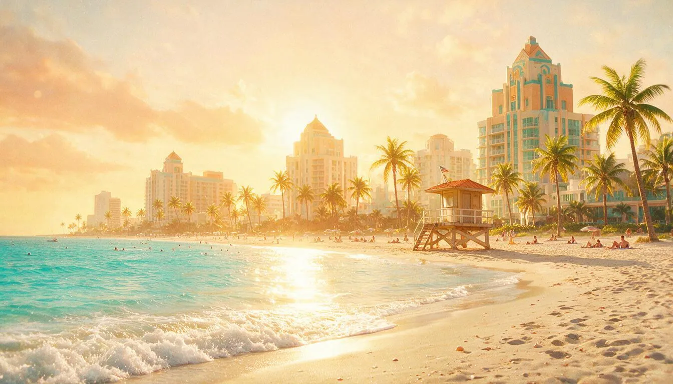 Crowded tropical beach at golden hour with an art-deco skyline behind