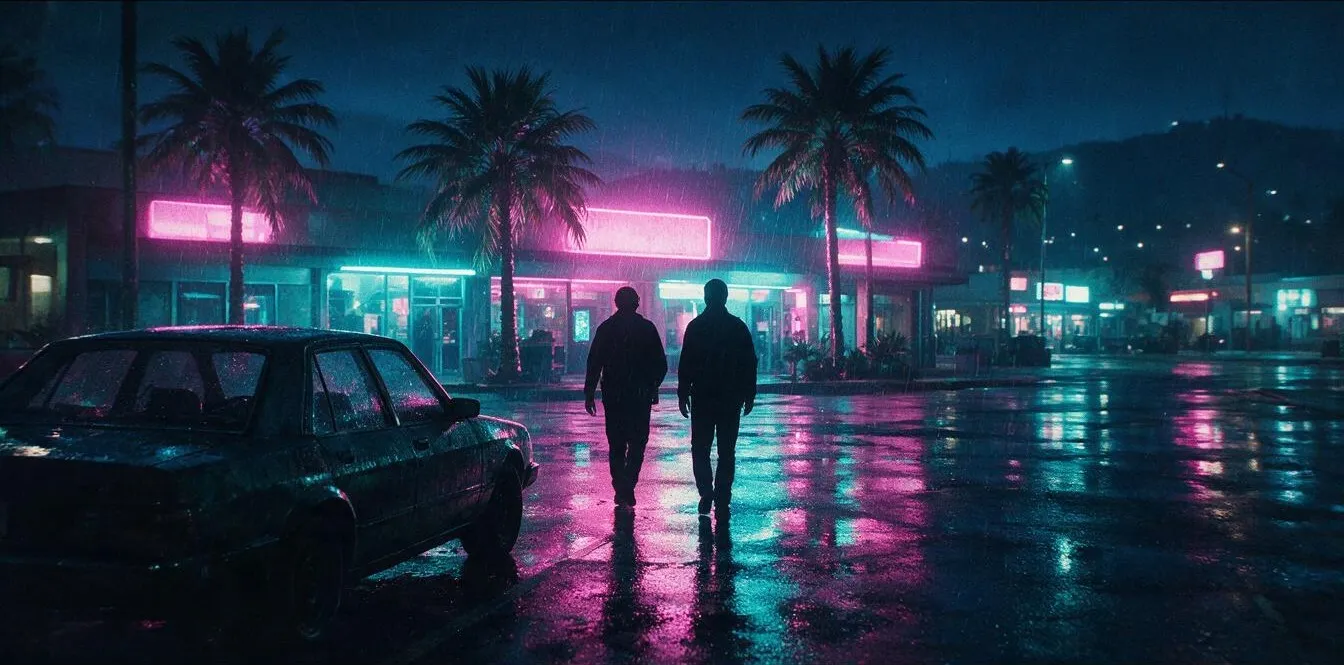 Two figures crossing a rain-slick neon parking lot at night
