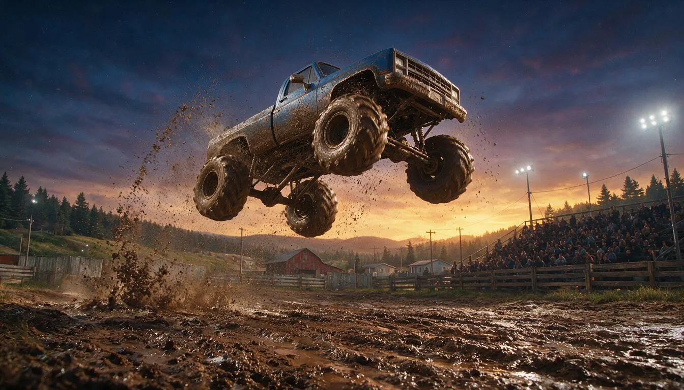 Lifted mud truck airborne over a floodlit dirt arena
