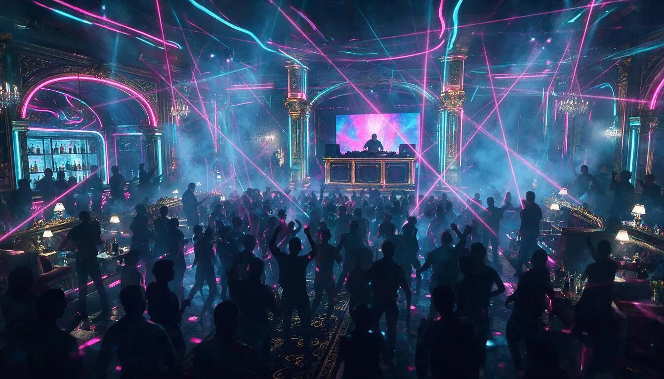 Packed neon nightclub interior with laser lighting