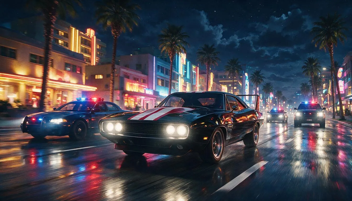 Police cars pursuing a muscle car down a neon boulevard