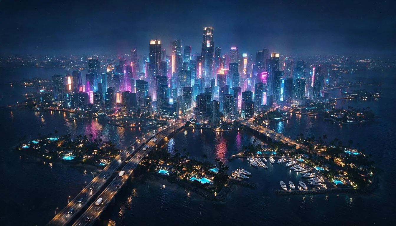 Aerial view of a neon coastal city at night, causeways over dark water