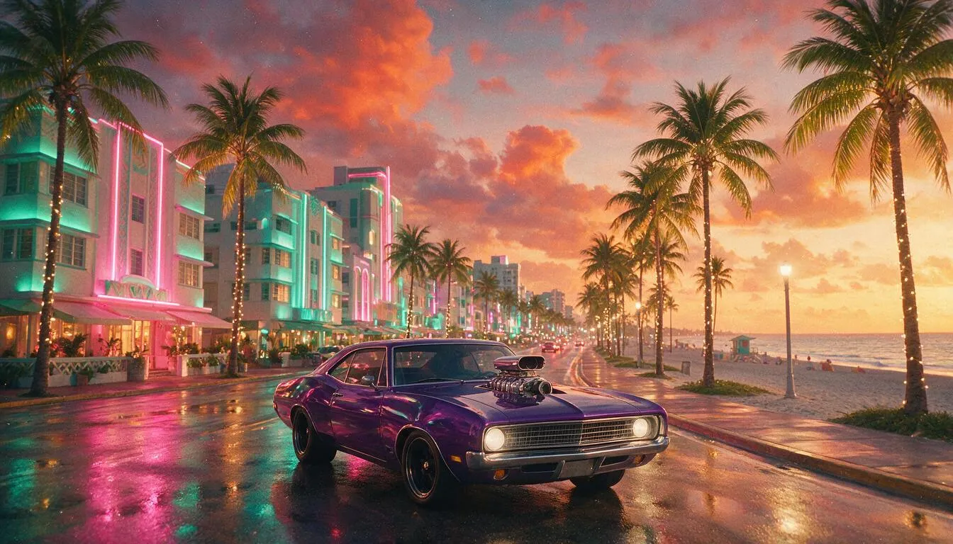 Neon-lit strip at dusk with palms and art-deco facades