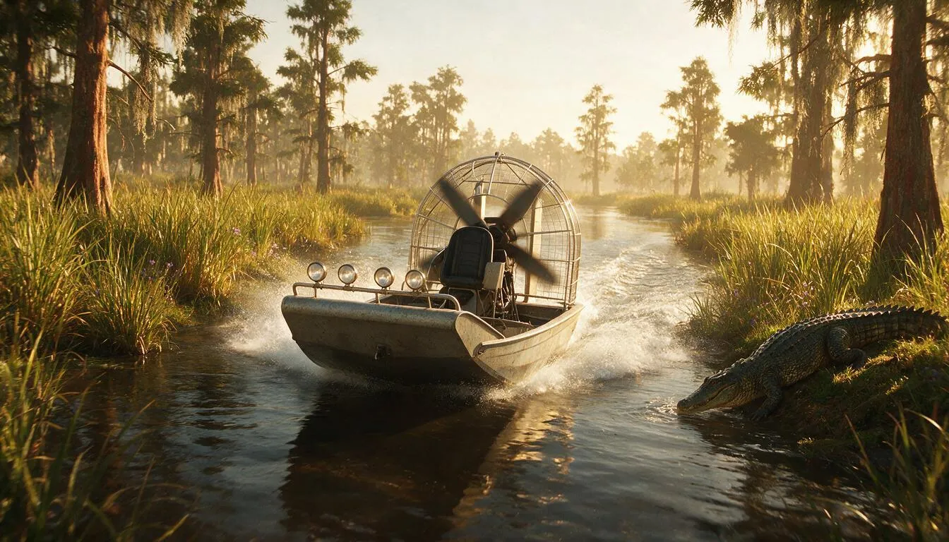 Airboat speeding through sunlit wetlands